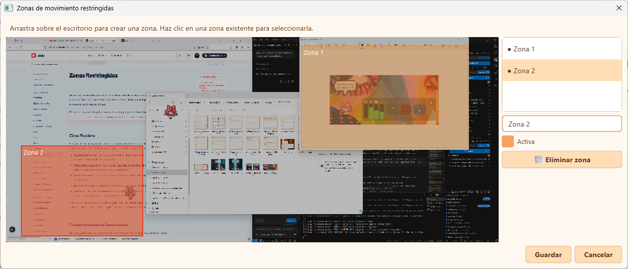 Restricted zones editor with painted rectangular zones over a desktop screenshot