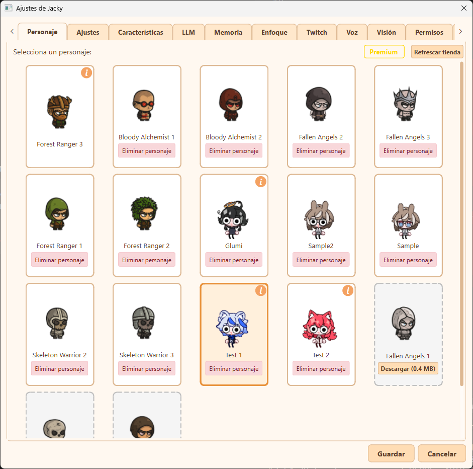 Jacky settings panel showing the Personaje (Character) tab